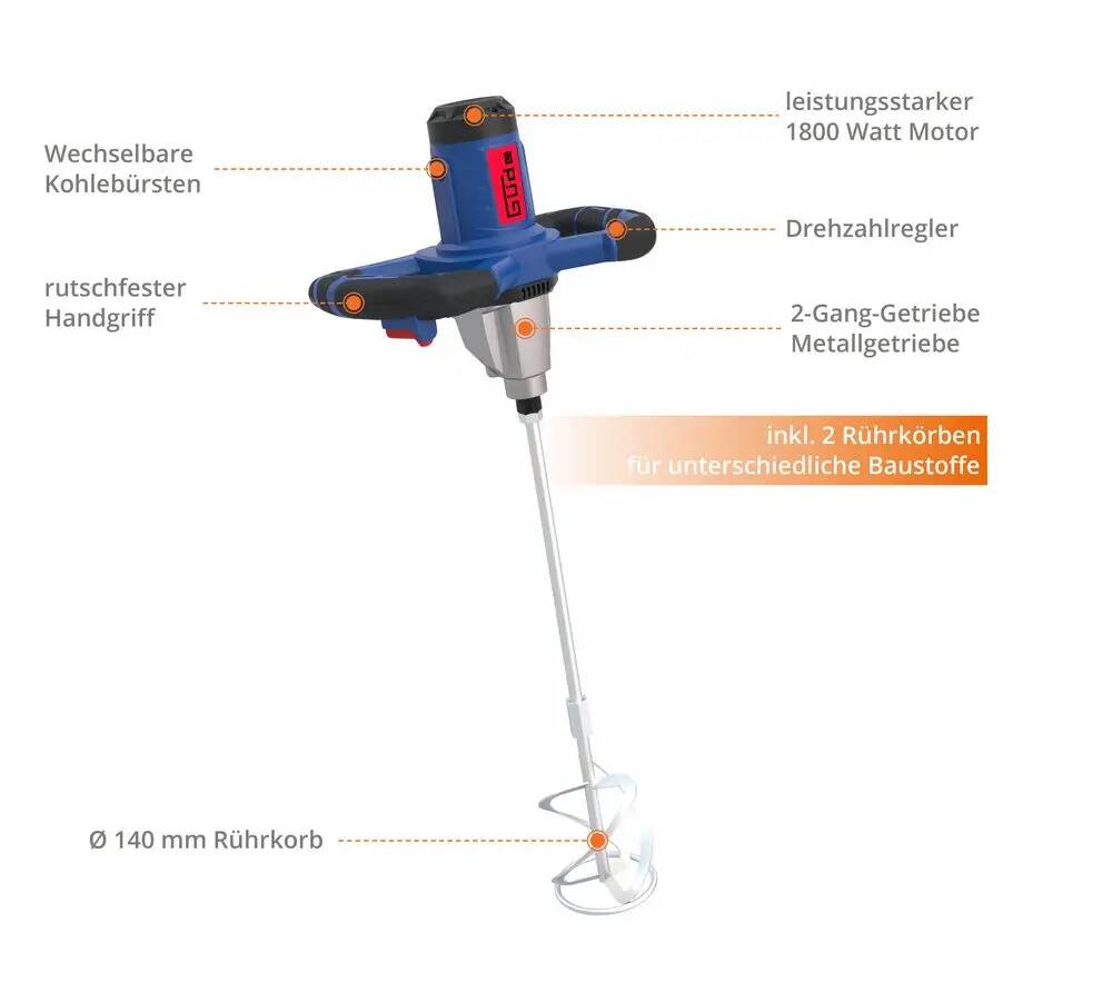 Güde Rührwerk » GRW 1814.1 « 1800 W, Metallgetriebe, Softgrip, 2 Rührer