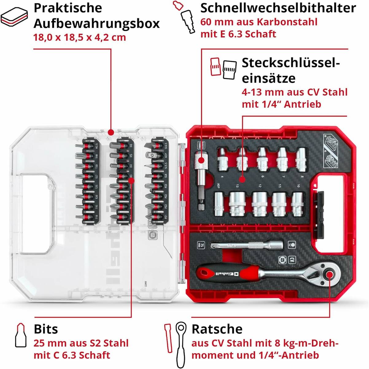 Einhell L-Case » Kassette 37tlg LS « Bits und Einsätze aus S2 Stahl