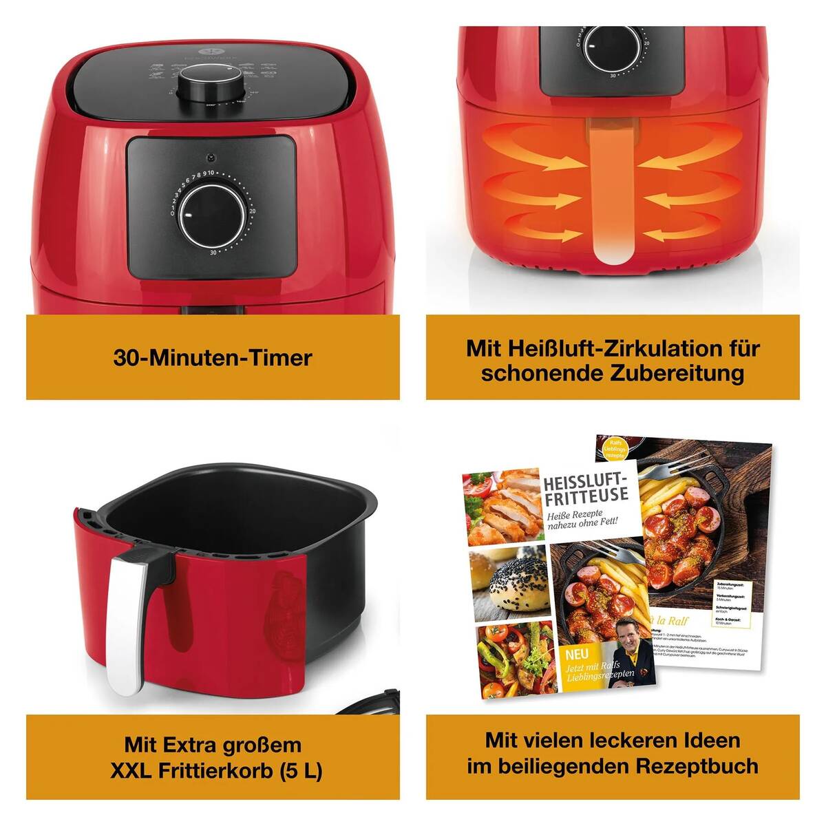 Kochwerk » Heißluft-Fritteuse « rot, 5 Liter, 1400 W, Timer, 200 Grad