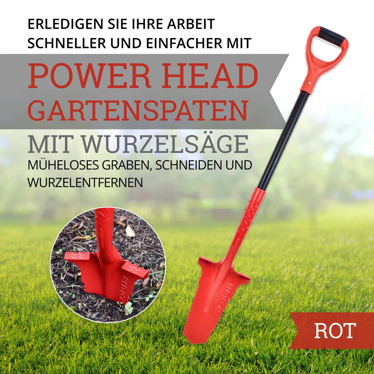 Red Tools Gärtnerspaten » RT20481 « inkl. Wurzelsäge, Soft‑Touch, Rot