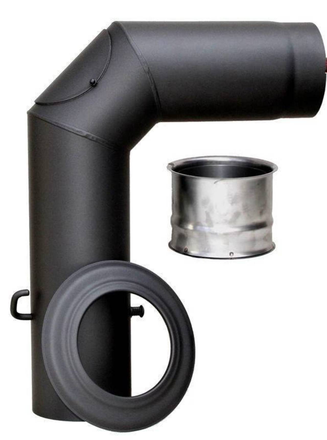 Rauchrohrset mit Segmentbogen, Wandfutter, Rosette ø 150 mm schwarz 2 mm stark