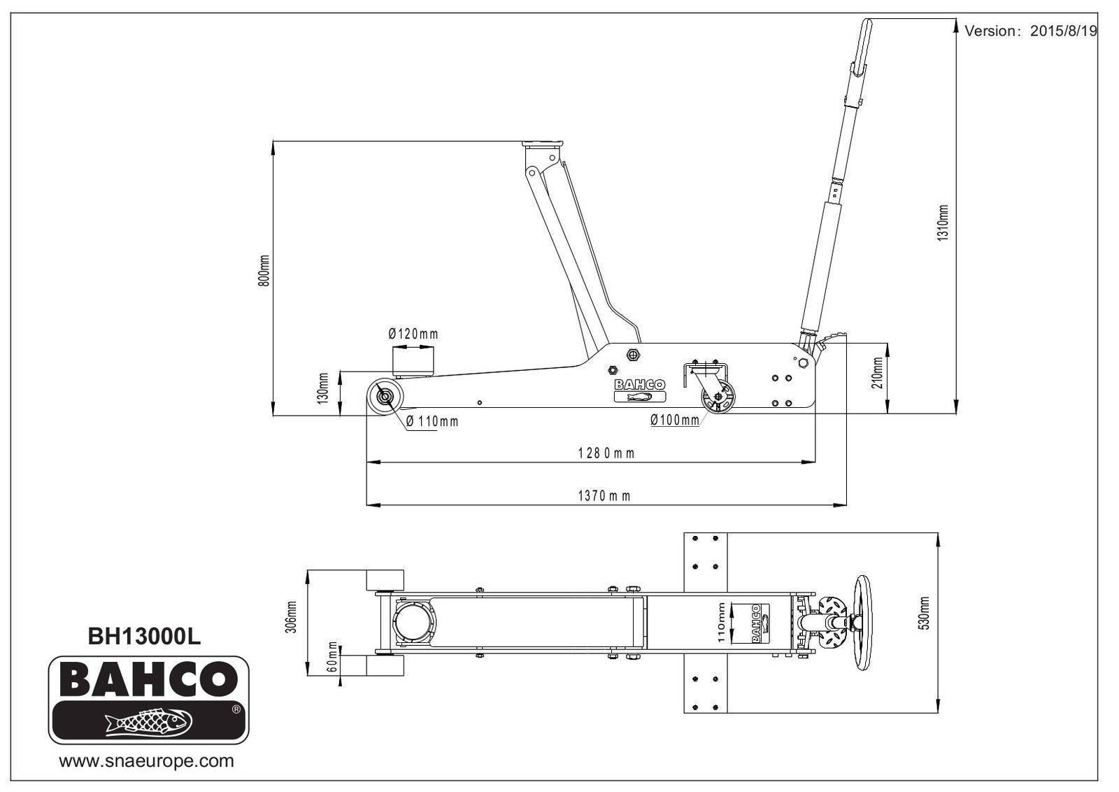 Bahco BH13000L Wagenheber - Hubhöhe 800 mm - für Allradfahrzeuge, Traktoren usw.