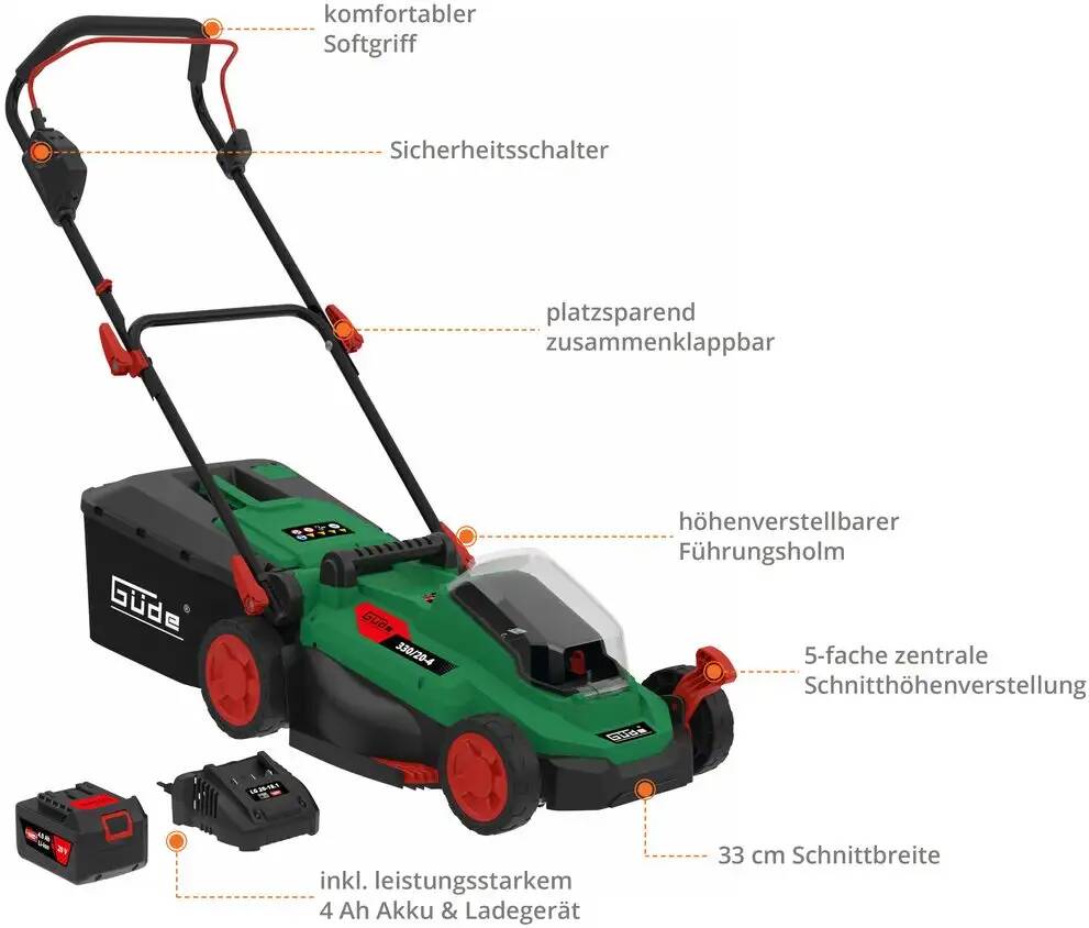 Güde Akku-Rasenmäher » 330/20-4 « Komplettset inkl. Akku u. Mulchkit