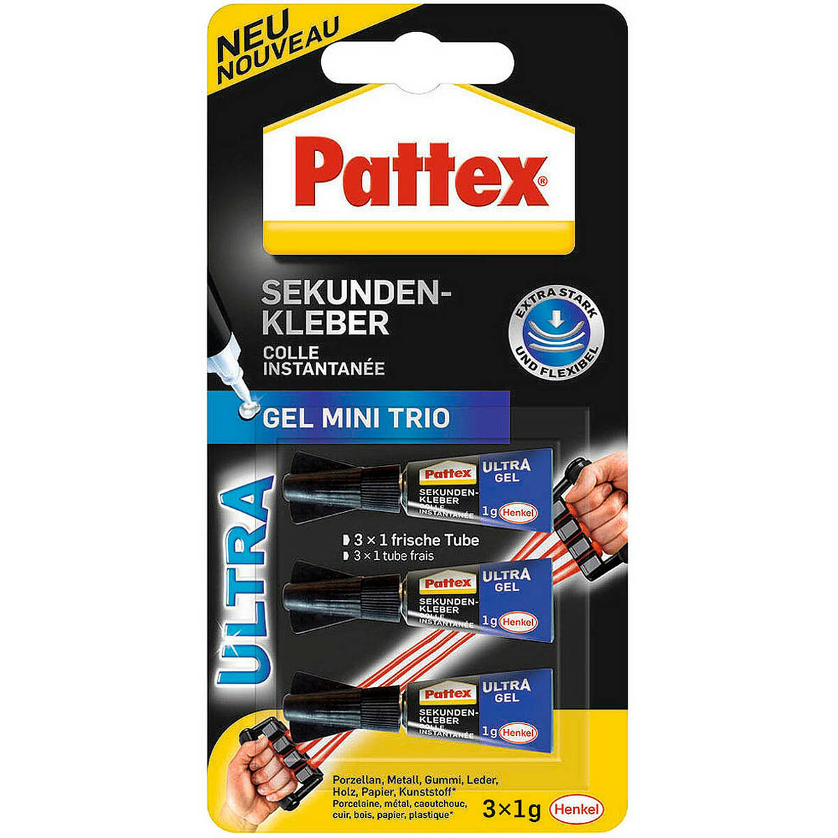 Pattex Sekundenkleber » Gel Mini Trio « 3er Pack, extrastark & flexibel