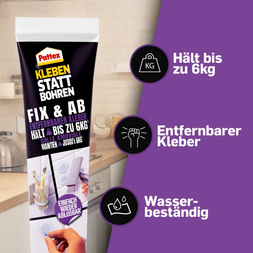 Pattex Montagekleber Kleben statt Bohren » Fix & Ab « Hält bis zu 6 kg