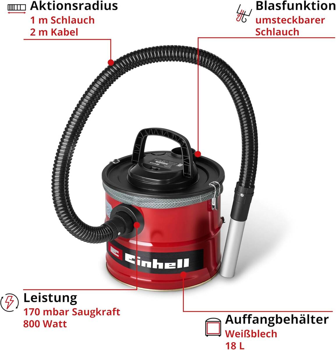 Einhell Aschesauger » TC-AV 1830 D « 170 mbar, 800 Watt, Metall, 18 l