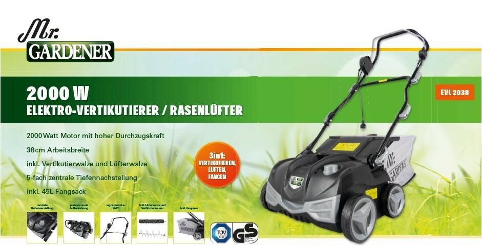 Mr. Gardener Vertikutierer » EVL 2038 « 3-in-1 Funktion inkl. 45l Korb