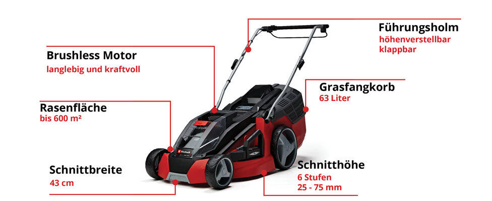 Einhell Akku-Rasenmäher » GE-CM 43 Li M « inkl. Akkus, 63 l Fangbox