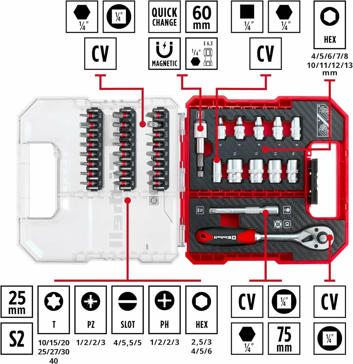 Einhell L-Case » Kassette 37tlg LS « Bits und Einsätze aus S2 Stahl