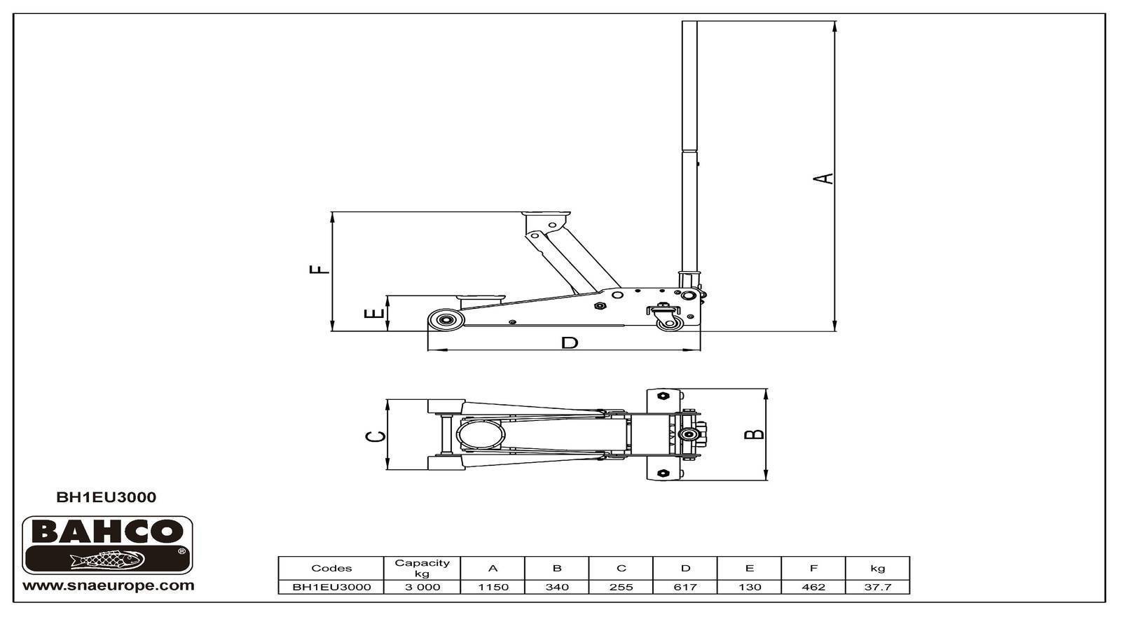 Bahco BH1EU3000 Wagenheber - 3 Tonnen Tragfähigkeit - Doppelkolben & Ablagefach