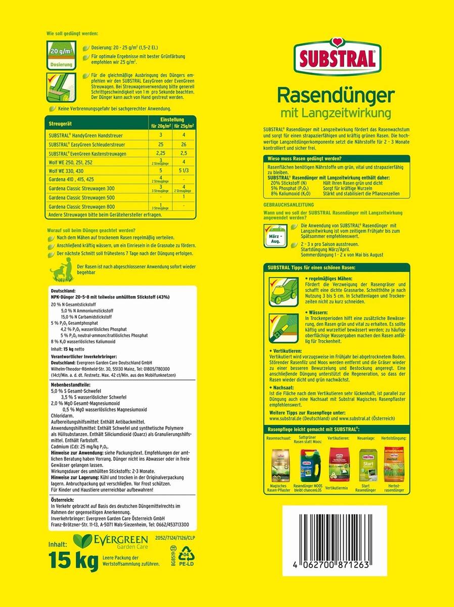 Substral Rasendünger » Langzweitwirkung « 2-3 Monate, 15 kg, bis 750 m²