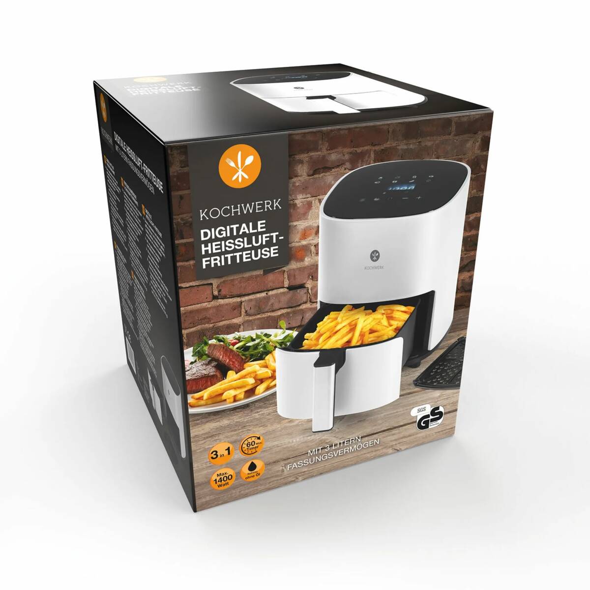 Kochwerk Heißluftfritteuse » weiß « 1400W, 3 Liter, Touch-Display, Tim