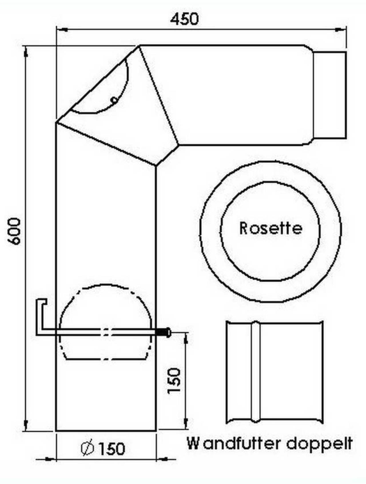 Rauchrohrset mit Segmentbogen, Wandfutter, Rosette ø 150 mm schwarz 2 mm stark
