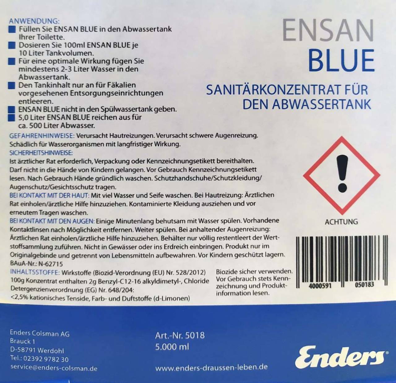 Enders » Ensan Blue « 5 L Sanitärkonzentrat für Abwassertank, Campingklo