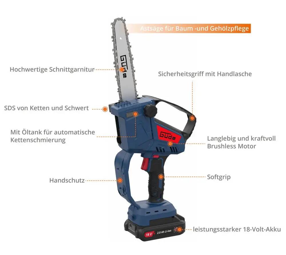 Güde Akku-Minikettensäge 20 V » GMK 18-201-05 « Auto-Kettenschmierung